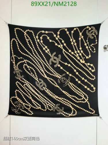 Elegant Chanel Black Cashmere-Silk Scarf with Pearl and CC Logo Design