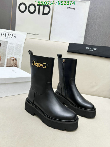 Celine Women's Black Leather Lug Boots with Triomphe Detail, Size EU35-42