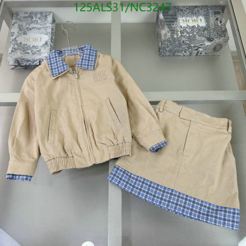 Miu Miu Kids Beige Jacket & Skirt Set with Blue Plaid Trim - Size 100-150