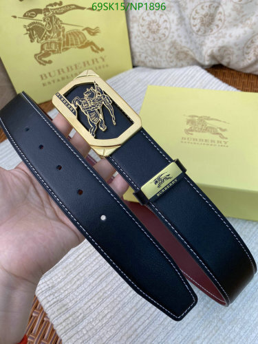 Burberry Men's Leather Belt with Gold Buckle, Black Cowhide, 3.5cm Width