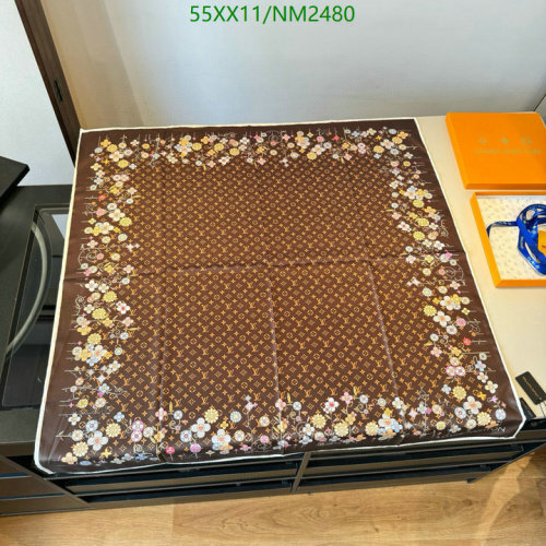 Louis Vuitton Brown Silk Square Scarf with Floral and Signature Pattern, 90x90cm