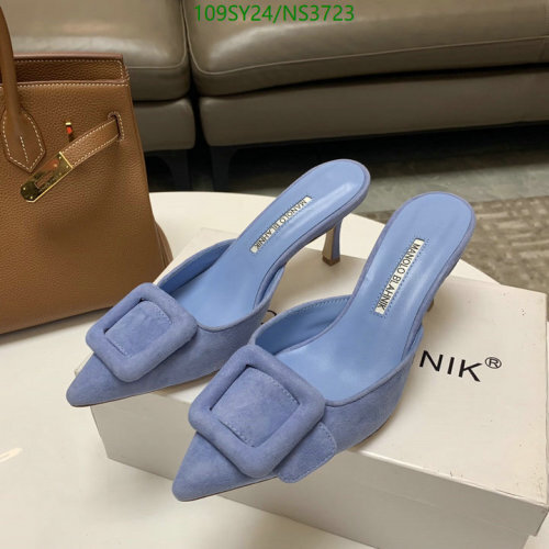 Manolo Blahnik Women's Blue Suede Mules with Crystal Buckle, Heel Height 7.5cm