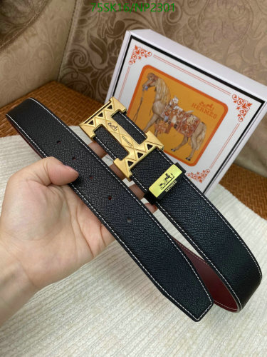 Hermès Men's Black Cowhide Leather Belt with Gold H Buckle - 3.5cm Width