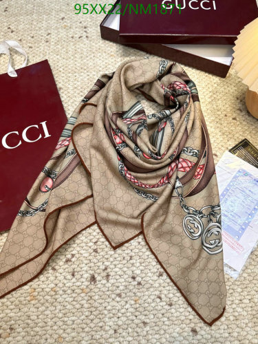Gucci Cashmere Silk Blend Scarf - GG Monogram & Chain Print - 140x140cm