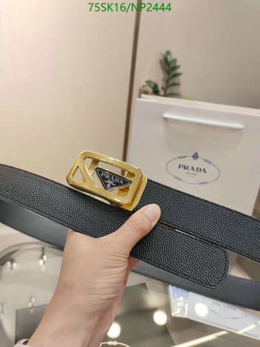 Prada Belt For Men, Cowhide Leather, Gold Buckle, Width 3.4cm, Length 95-120cm