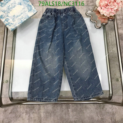 Balenciaga Kids Blue All Over Logo Print Denim Pants Elastic Waistband