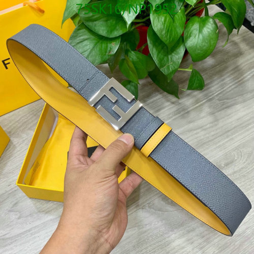 Fendi Reversible Leather Belt with FF Buckle, Gray and Yellow, 4.0 cm Width