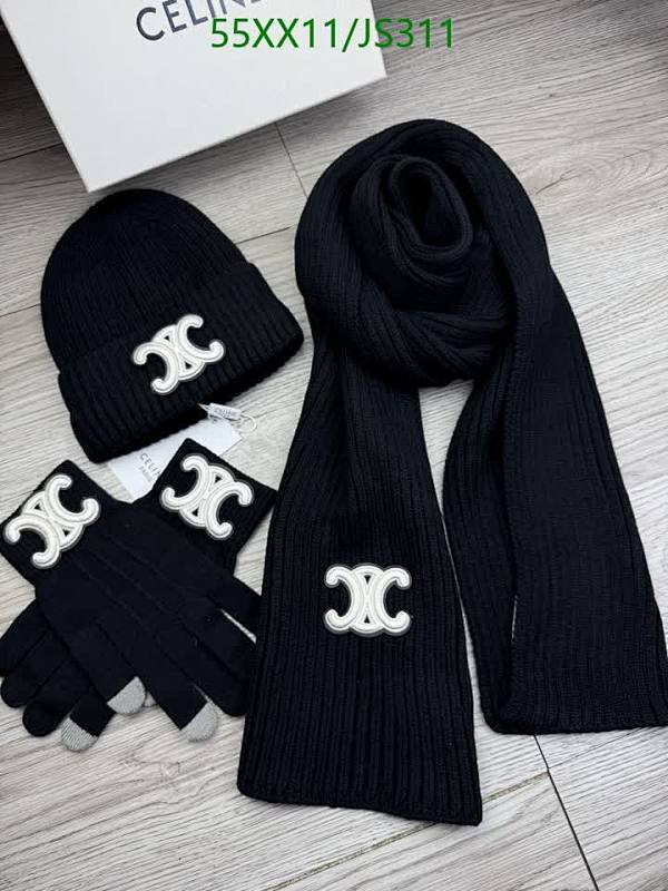 Celine Knitted Hat, Gloves, and Scarf Set - Black Wool Blend with Logo