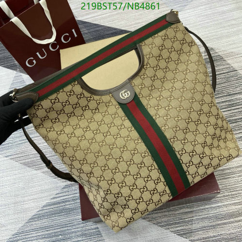 Gucci Large Tote Bag in GG Canvas with Web Stripe and Leather Trim