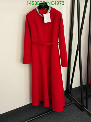 Dior Red Midi Dress with Embellished Neckline - Elegant Cotton Blend