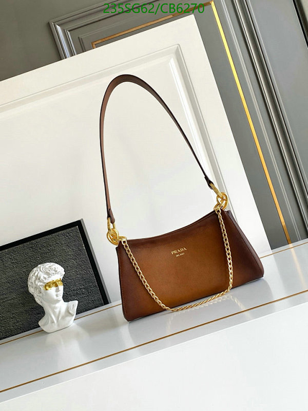Prada 1BC261 Brown Leather Shoulder Bag with Chain Detail - 28x14x6.5CM