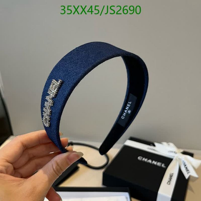 Elegant Chanel Headband - Denim Blue with Crystal Embellishments, JS2690