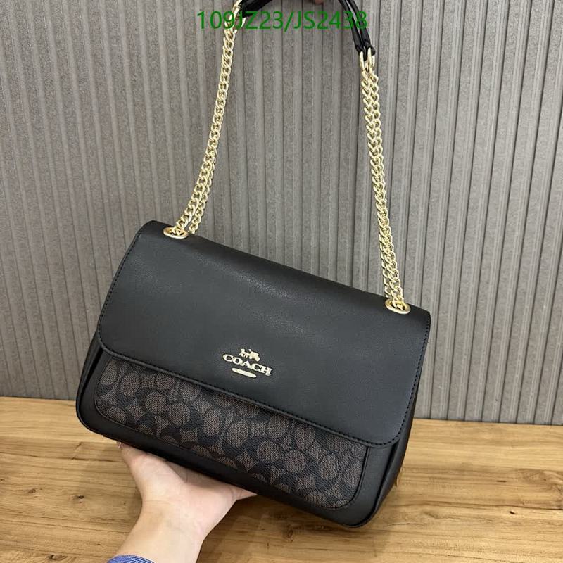 Coach Leather Shoulder Bag with Chain Strap and Signature Coated Canvas Detail