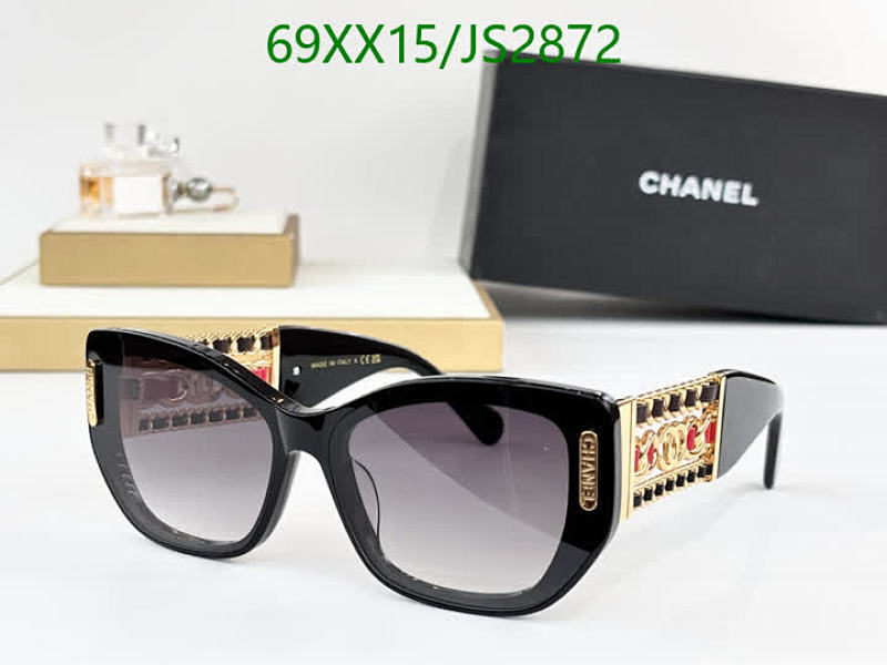 Chanel JS2872 Black Cat Eye Sunglasses with Gold and Red Embellishments
