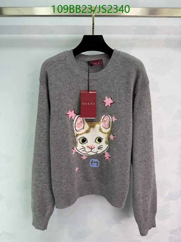 Gucci Wool Sweater with Cat Embroidery, Gray, Women's Knitwear, Size S-M-L