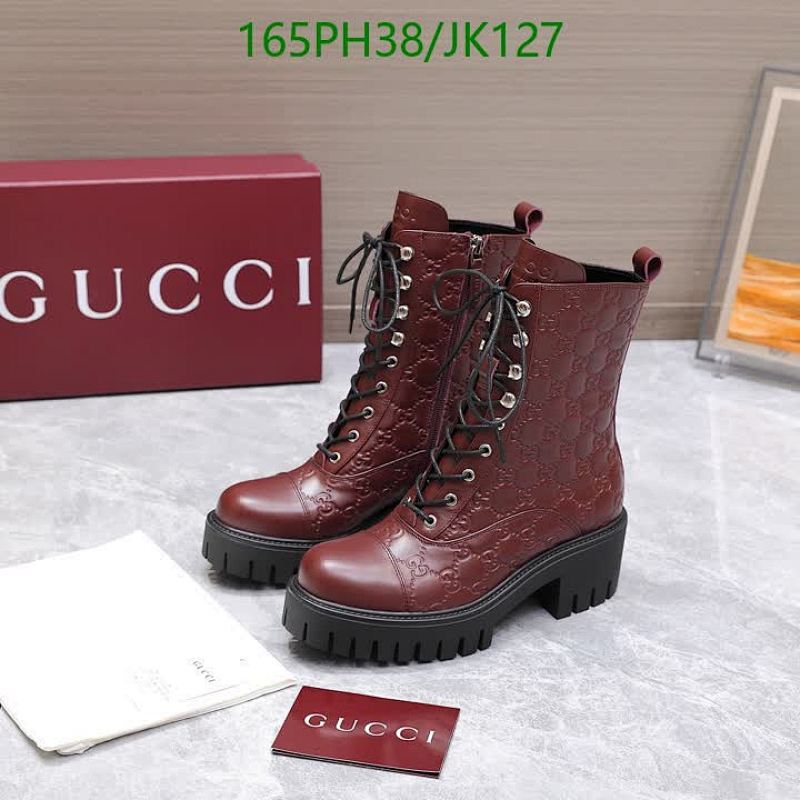 Gucci Women's Leather Ankle Boots with Block Heel - Lace-up, Size EU35-42 5 Gucci Women's Leather Ankle Boots Embossed with GG Motif - Burgundy