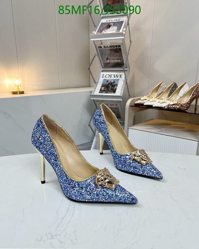 Versace Women's Blue Glitter Pointed Toe Pumps with Medusa Detail, Heel Height 10.5CM