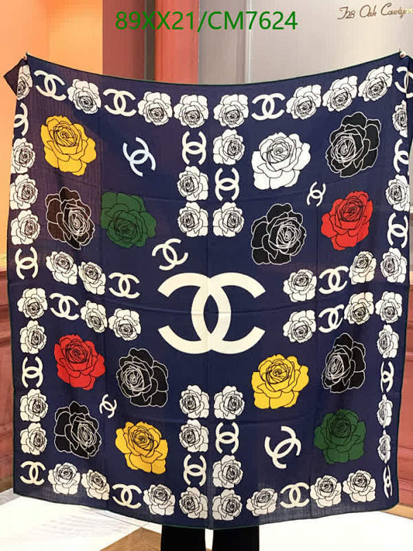 Elegant Chanel Navy Scarf with Floral and Iconic CC Logo - 140x140cm