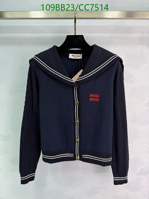Miu Miu Wool Cardigan with Sailor Collar, Striped Trim - Navy Blue