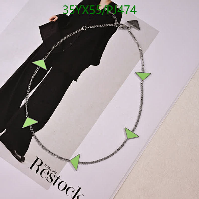 Prada PJ474 Silver-Tone Chain Necklace with Green Triangle Charm Pendants