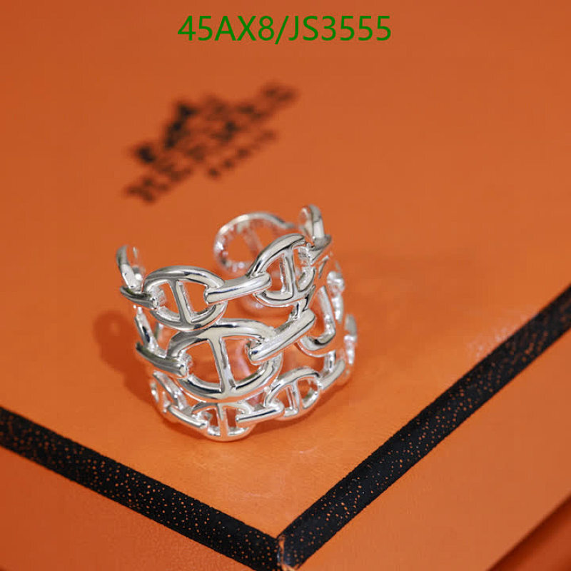 Hermes Silver Chain Link Ring, Statement Stacking Ring for Women, JS3555