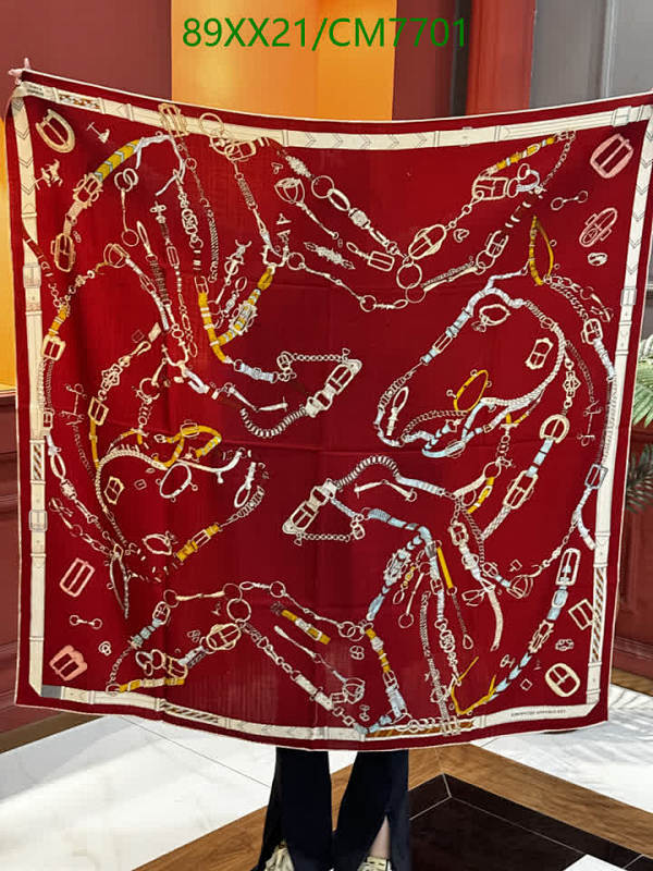 Hermes Style Red Cashmere Silk Scarf 140x140cm - Equestrian Chain Print