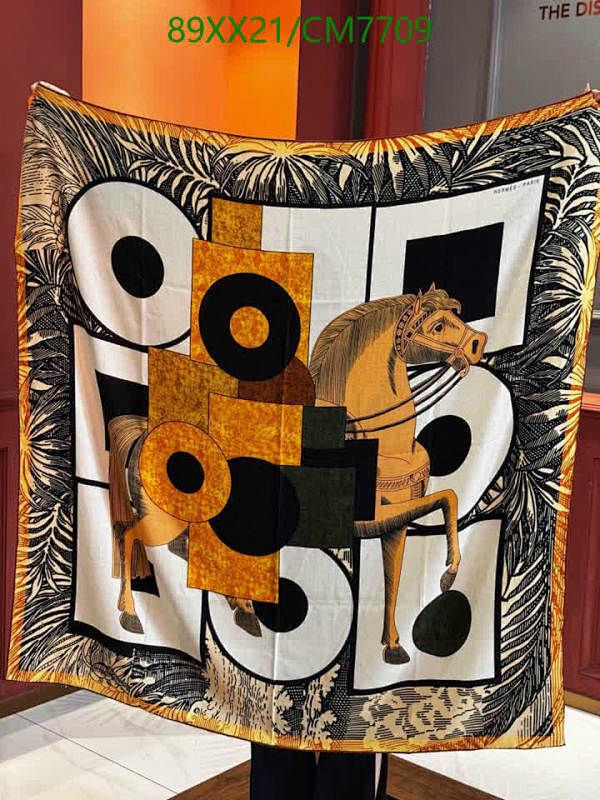 Hermes CM7709 Women's Cashmere Silk Scarf 140x140cm - Horse Graphic Shawl