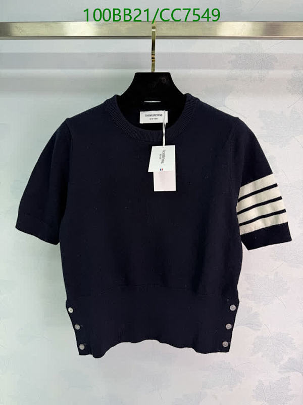 Thom Browne Women's Navy Wool Short Sleeve Sweater with Stripe Detail