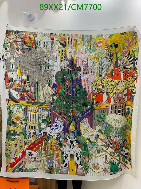 Hermes CM7700 Cashmere Silk Scarf - 140x140 cm, Exotic Cityscape Design