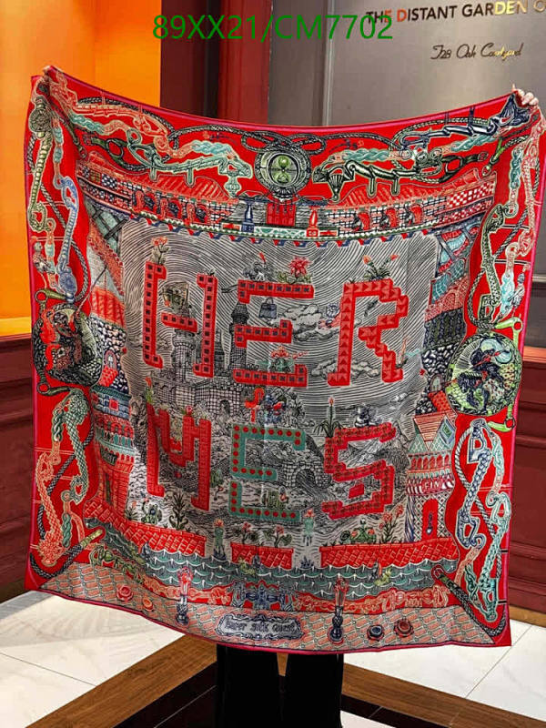 Hermes 'The Distant Garden' Red Cashmere & Silk Scarf 140cm