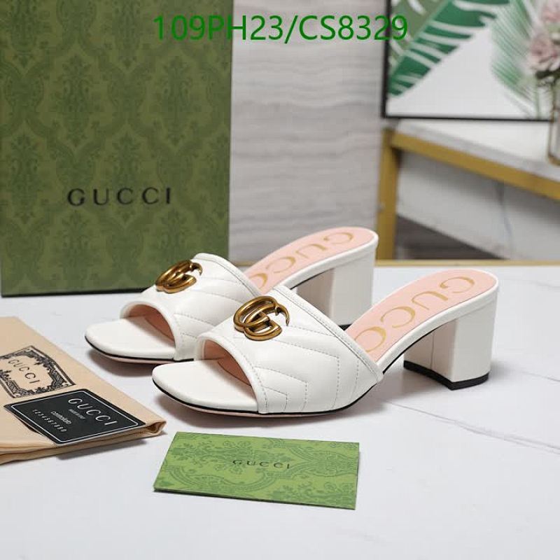 Gucci Women's White Leather Block Heel GG Marmont Mules Slides Sandals