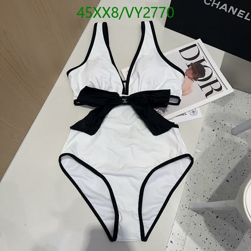 Chanel-Inspired Two-Piece Swimsuit: Elegant Black & White with Bow Detail