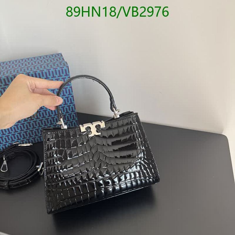 Tory Burch Black Croc-Embossed Genuine Leather Top Handle Bag with Shoulder Strap