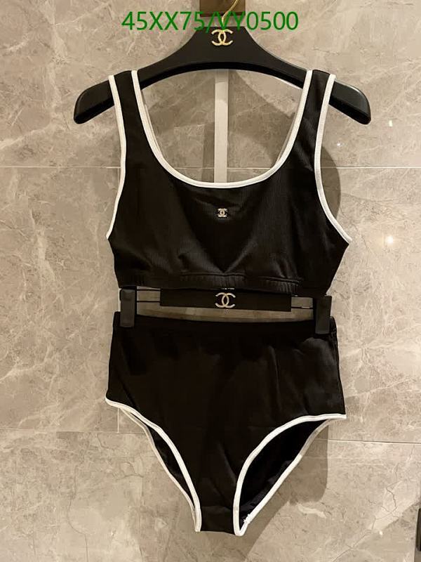 Chanel Two-Piece Swimsuit: Chic Black & White Ribbed Beachwear for Women