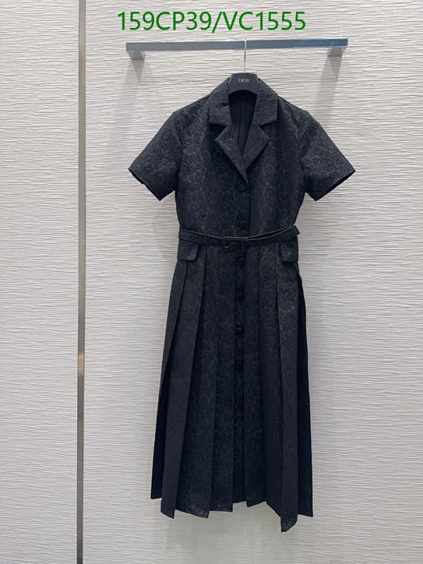 Dior Short Sleeve Pleated Midi Dress with Belt - Elegant Black Jacquard