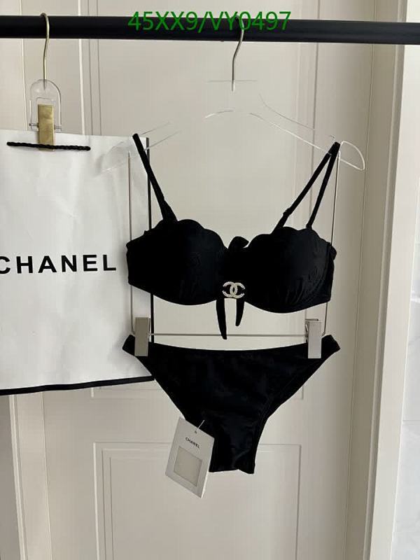 Chanel Women's Elegant Black Scalloped Trim Bikini Swimsuit Set