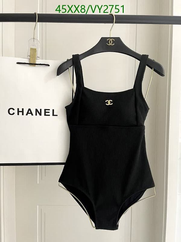 Chanel Women's Black Ribbed Square Neck One-Piece Swimsuit with Logo Detail