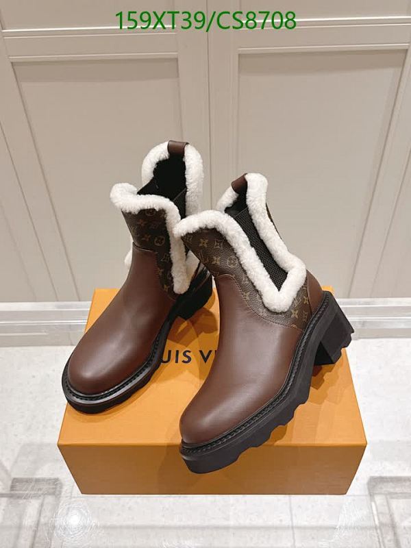Women's LV Monogram Brown Leather Winter Boots with Shearling Trim