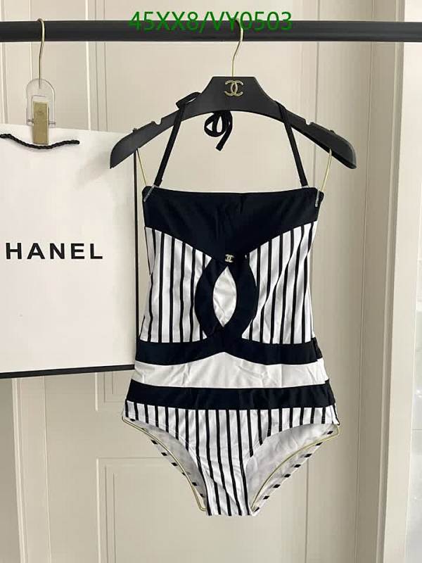 Chanel Halterneck Striped One-Piece Swimsuit - Classic Black and White