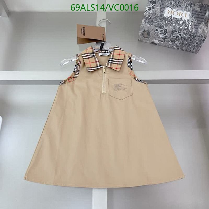 Burberry Kids Sleeveless Dress with Check Collar and Embroidered Logo - Beige Cotton