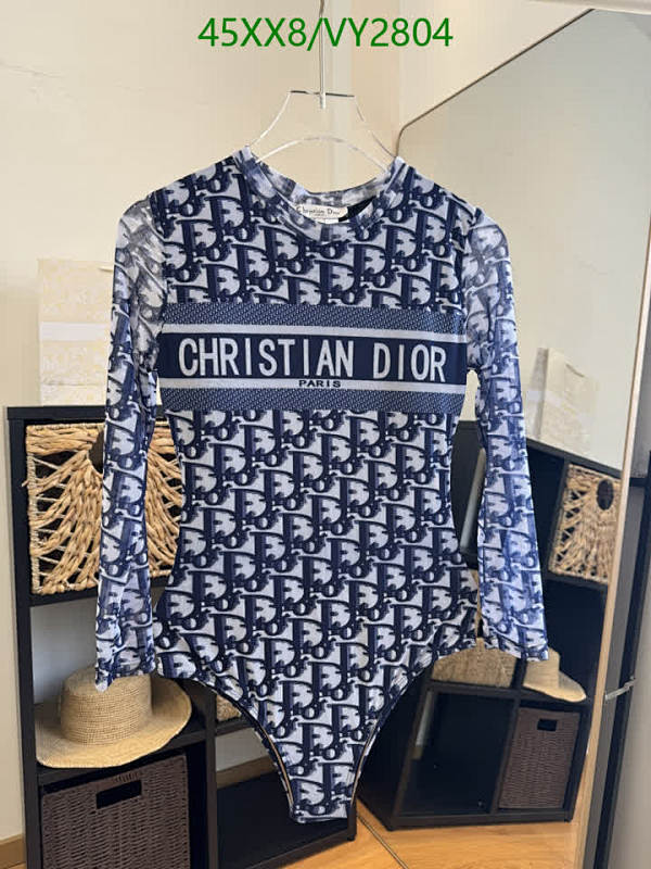 Christian Dior Women's Monogram Long Sleeve Bodysuit - Blue & White Mesh Design