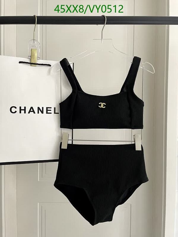 Chanel Ribbed Two-Piece Swimsuit - Stylish Black High-Waisted Bikini Set