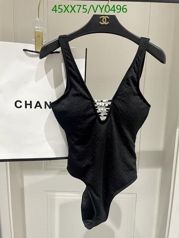 Chic Chanel One-Piece Swimsuit for Women - Elegant Black with Pearl Details
