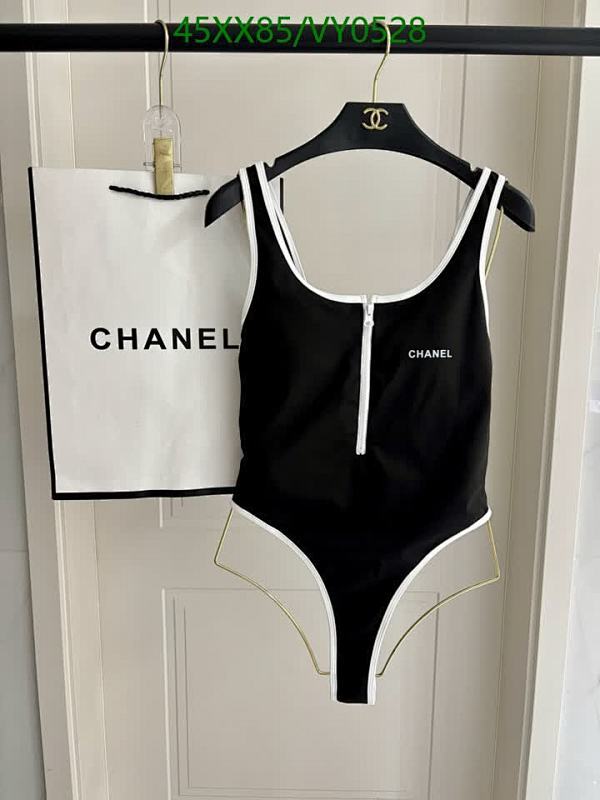 Chanel Women's Classic Black One-Piece Swimsuit with White Trim and Zipper