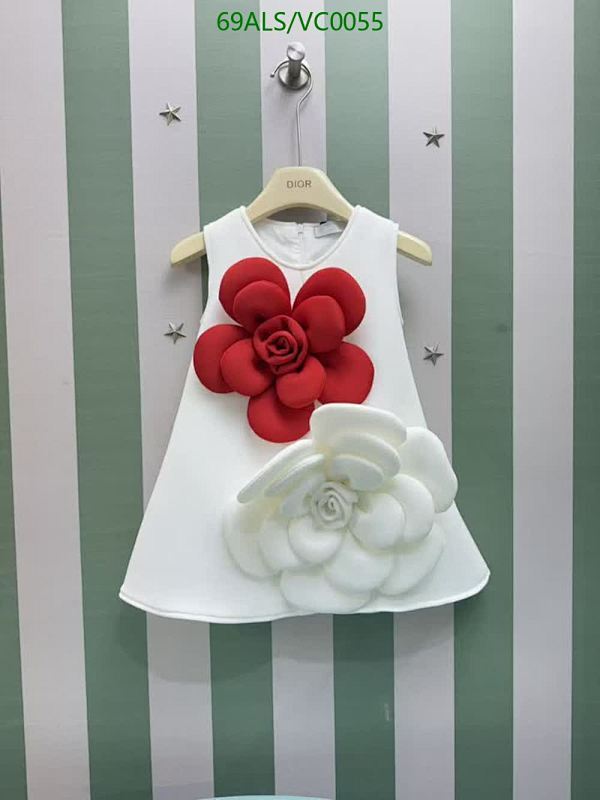 Dior Kids White Sleeveless Dress with Red and White Flower Appliques