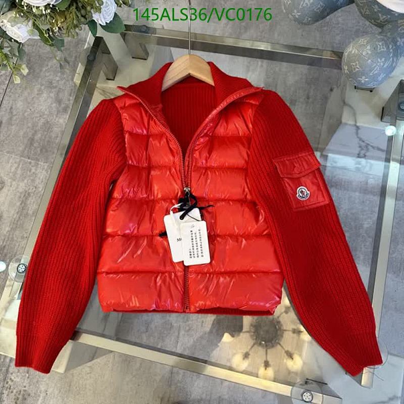 Moncler Kids Red Down Puffer Jacket with Knit Sleeves