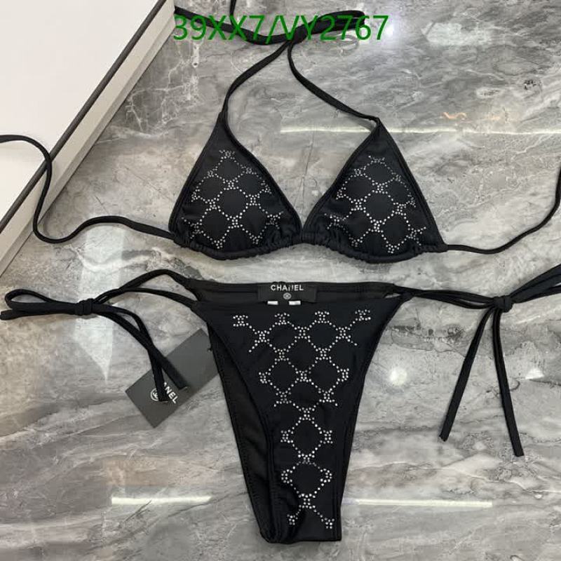 Chanel-Inspired Black Halter Bikini Set with Rhinestone Embellishments
