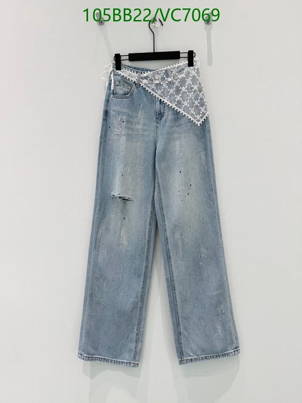 Louis Vuitton Women's Distressed Denim Jeans with Decorative Lace Waistband