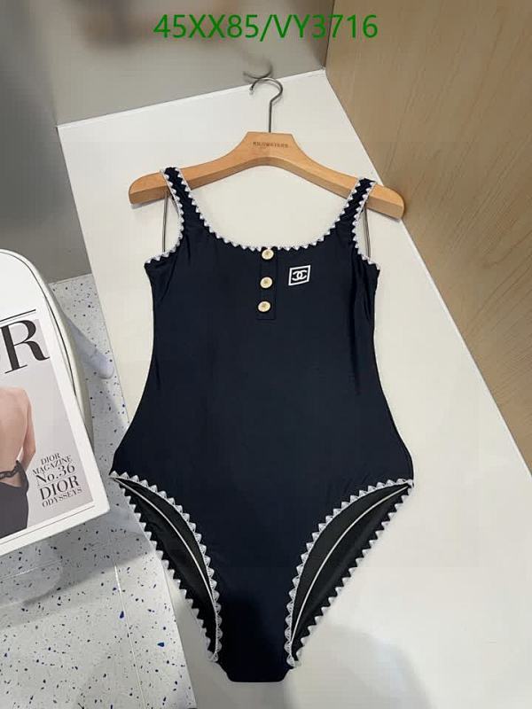 Elegant Black One-Piece Swimsuit with White Scalloped Trim and Button Detail