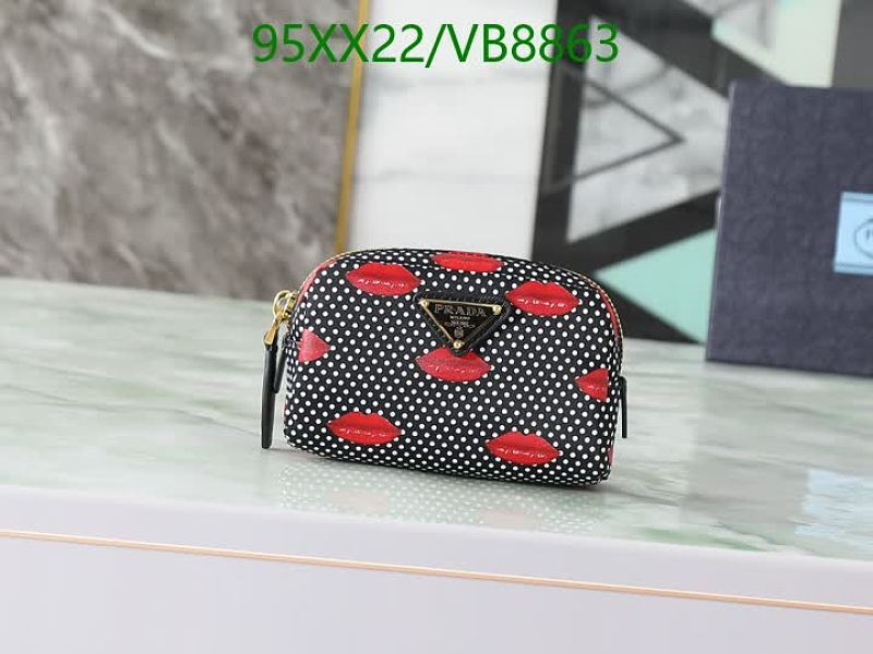 Prada Canvas & Leather Kiss Print Cosmetic Pouch - Black